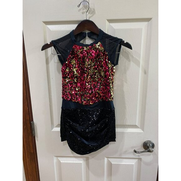 Jazz Hands by Weismann Girls Sequin Dance Costume Black/Red/Gold Size L - Picture 5 of 8